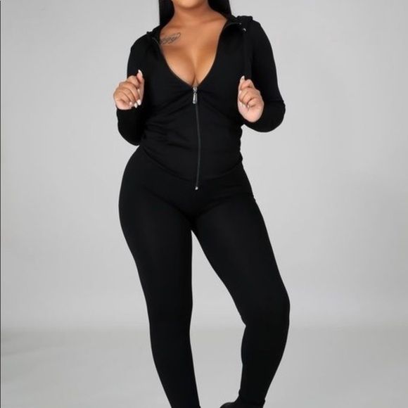 NEW FALL TRENDY BLACK TWO PIECE ZIP HOODIE LEGGINGS SET - Picture 5 of 5